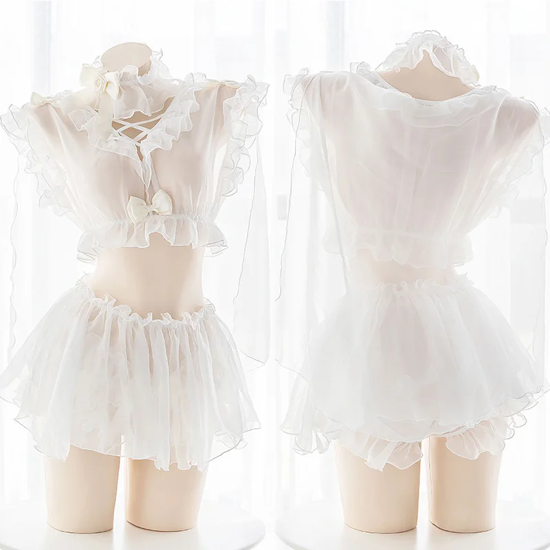 

Wholesale Cute Sexy Bow Lace Perspective Lingerie Set Anime Girls Cospaly Sweet Lolita Ruffles Wedding Short Skirt Set Drop Ship