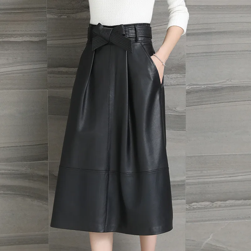Fashion Black Classic Belt Skirt Autumn Spring A-Line Solid Genuine Leather with Pockets Mid Length Sheep Leather Bag Hip Skirt