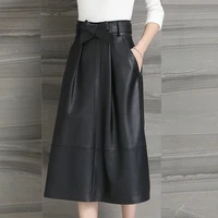 fashion black classic belt skirt autumn spring a line solid genuine leather with pockets mid length sheep leather bag hip skirt