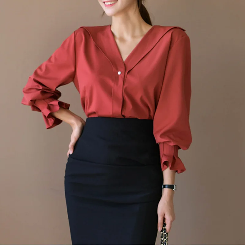 

Женская Профессиональная рубашка Fansilan, белая шифоновая рубашка с длинным рукавом и V-образным вырезом, в Корейском стиле, для весны и осени, ...