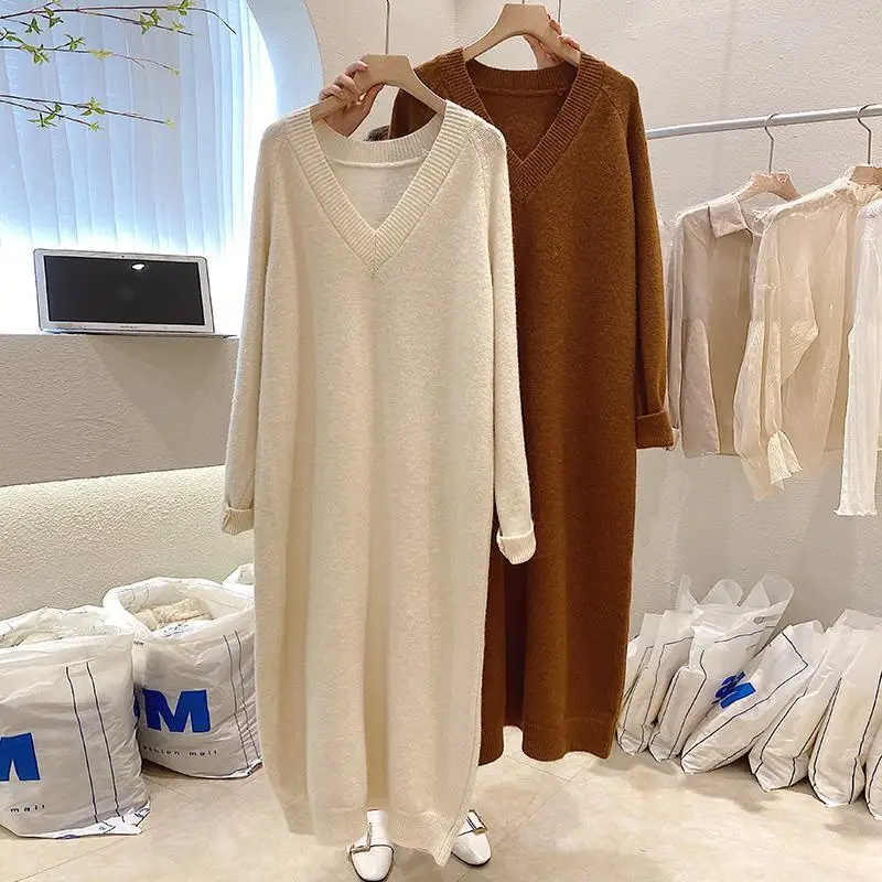 

2021 Women Autumn Winter Vintage Knitted Vestido Lady Solid V-neck High Waist A-Line Dress Female Casual Loose Elegant Dress G55