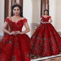 arabic red quinceanera dresses vintage off the shoulder 3d floral appliqued ruffles vintage evening dress