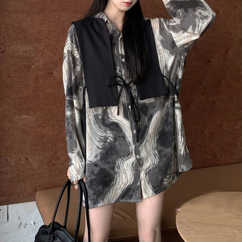

2 pieces in 1 set Tie Dye Cool Oversized Shirts Autumn Long Sleeve Gothic Girl Punk Oversize Blouse Shirt