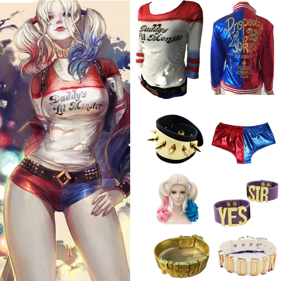 

Костюм для косплея Harleen Quinzel, футболка, пальто, куртка, набор аксессуаров, серьги, воротник, браслет, ремешок, перчатки