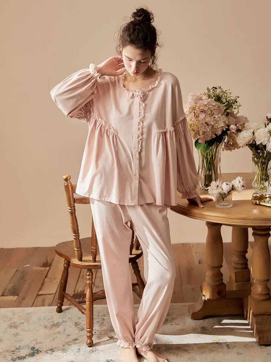 Новинка, винтажные хлопковые Пижамные комплекты для женщин, весна-осень, деликатная белая кружевная Милая одежда для сна, костюмы, удобная домашняя одежда