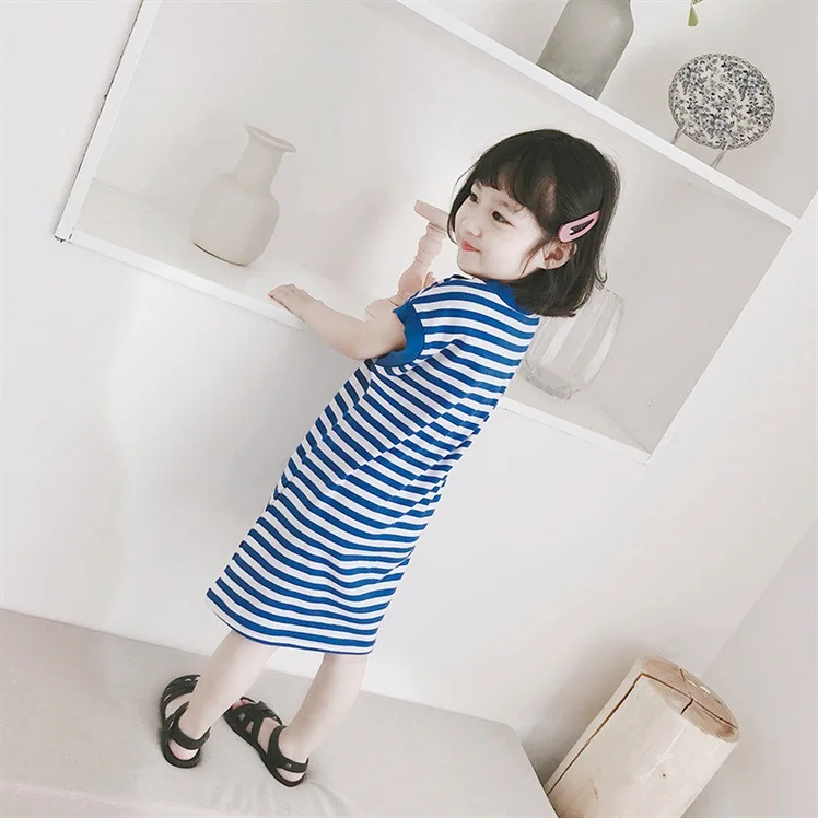 

PPXX Fashion Summer Girl Dress Striped Cotton Cartoon Beach Casual Outfits Baby Girls Clothing Long Shirt Children Clothes
