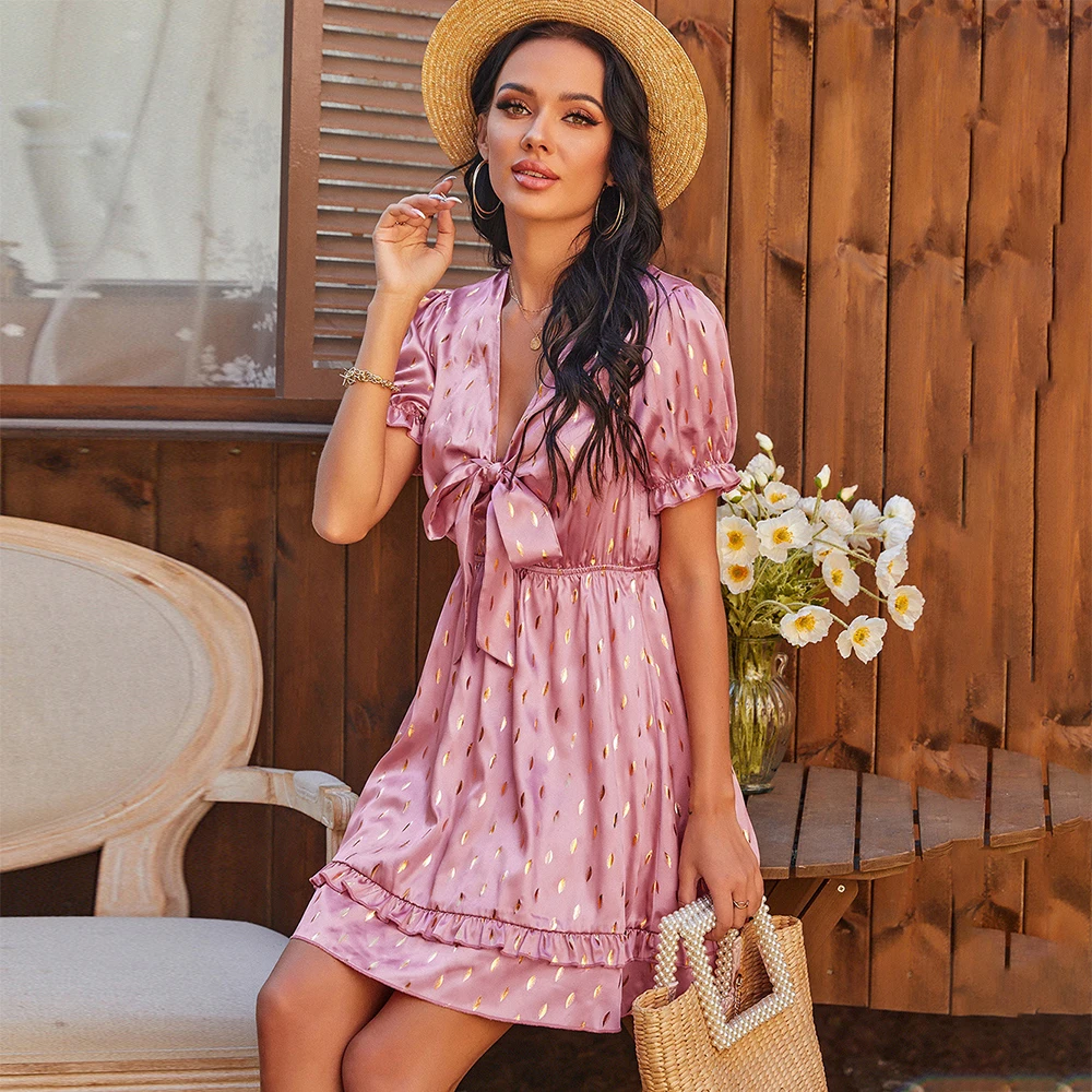 

FridayIn 2021 Summer New Woman Fresh V Neck Bow Short Sleeved Pink A Line Dress Female Puff Sleeve Polka Dot Ruffled Lady Tops