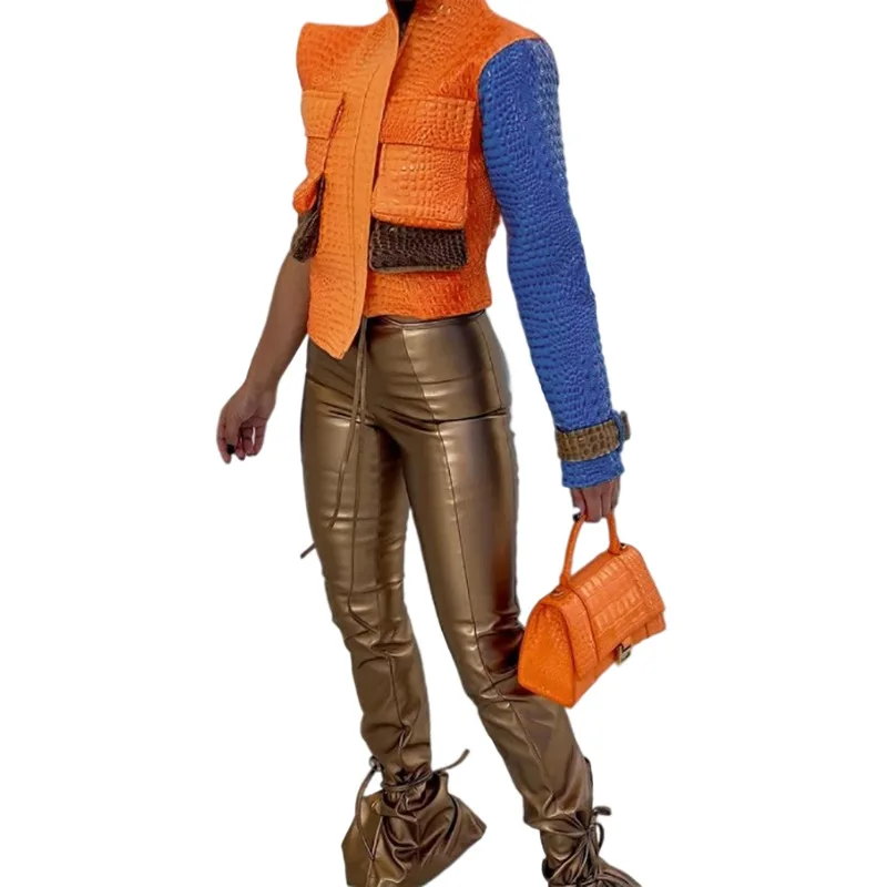 

Women Sexy Faux PU Leather Patchwork Contrast Color Slim Jacket Zipper Single Sleeve Coats Autumn 2021 Fashion Streetwear