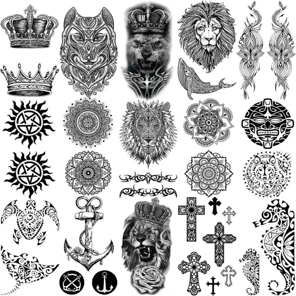 

Black henna lion mandala Temporary Tattoos For Women Adult men Crown thorns cross anchor fake tattoo Neck Arm Hands Small tatoos