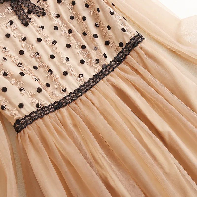 

High Quality Runway Fashion Spring Designer Dot Transparent Mesh Dress Women Elegant Flare Sleeve Sexy Vestidos Midi Party Festa