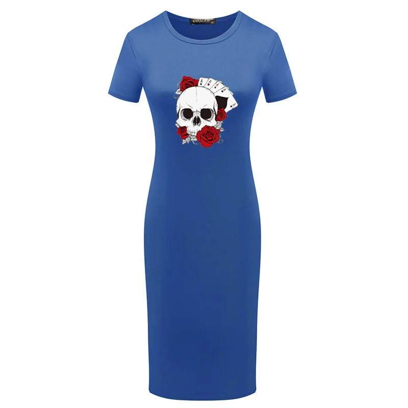 

Bodycon Dresses for Women Party Sexy Halloween Skull Print Short Sleeve Skinny Club Wear Black Femme Vestido Elegante