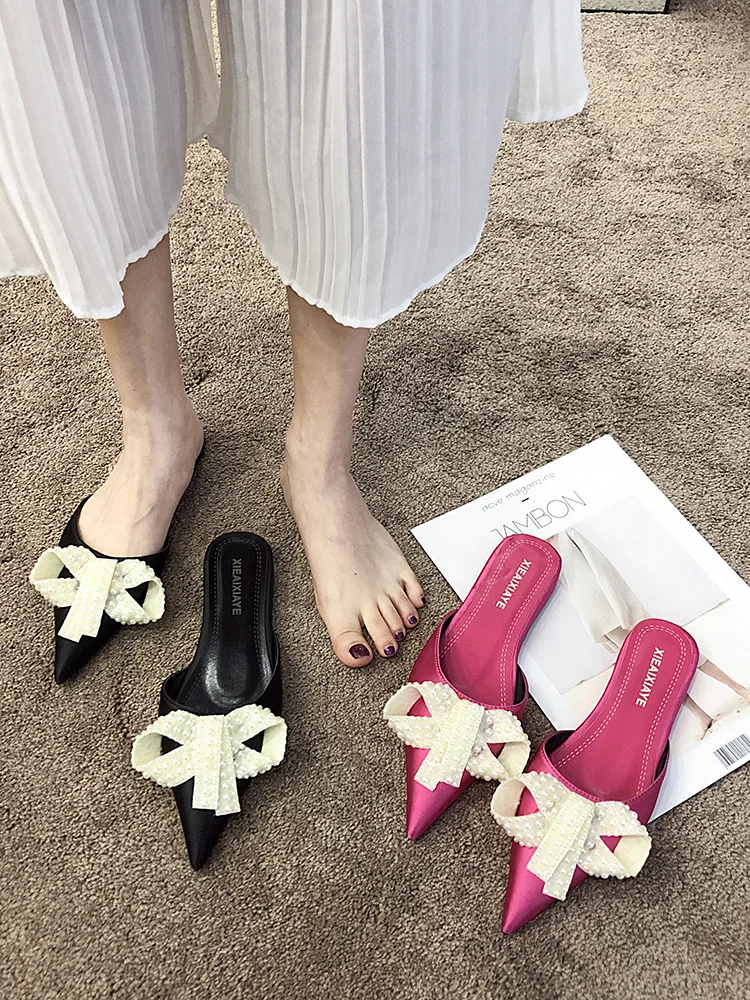 

2021 summer new ladies pointed sandals flat half slippers fashion outer wear net red slippers trend