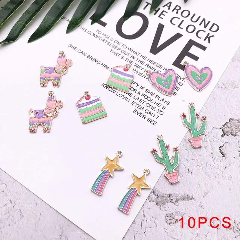 10 шт./лот мультфильм лламы торт сердце кактус эмаль шарм золото металл подвеска