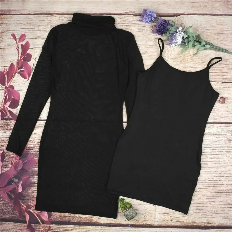 

Sexy Lady 2 Pcs Set Club Bodycon Sling Dress Women Mesh Sheer Long Sleeve Dress