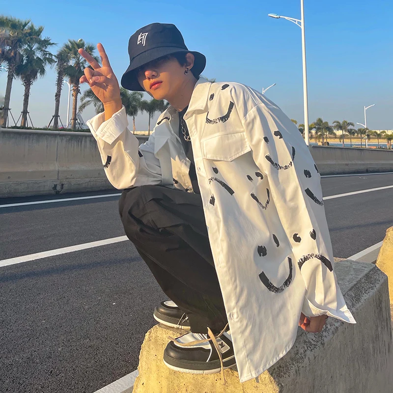 Рубашка мужская с длинным рукавом модная брендовая блуза принтом смайлика