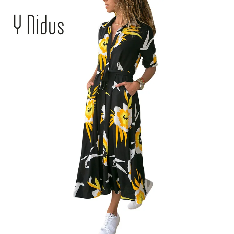 

Женское платье-туника на пуговицах, с разрезом и цветочным принтом