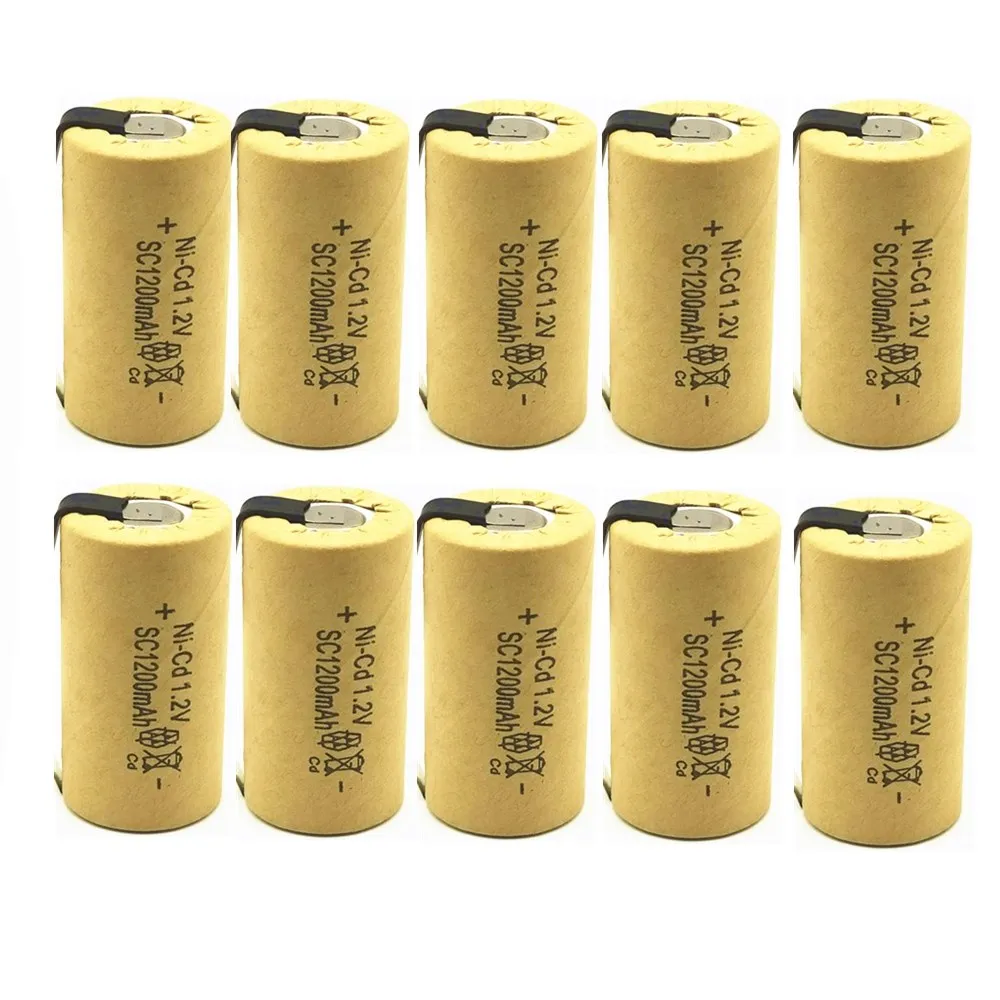 

10pcs/lote bateria recarregavel de alta qualidade sub bateria sc ni-cd bateria1.2v com guia 1200mah para ferramenta eletrica led
