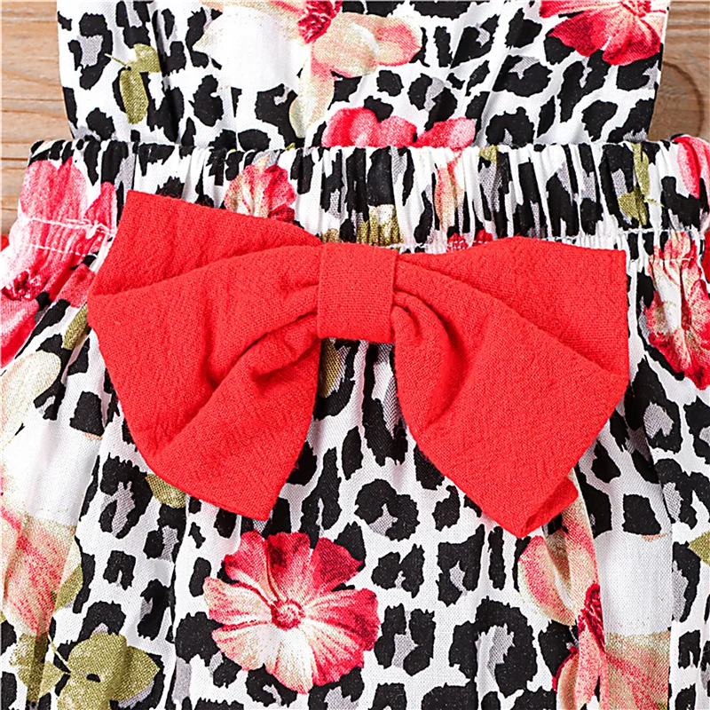 

Newborn Leopard Romper Baby Girl Summer Sleeveless Flower Print U-shaped Neck Bowknot Ruffle Playsuit