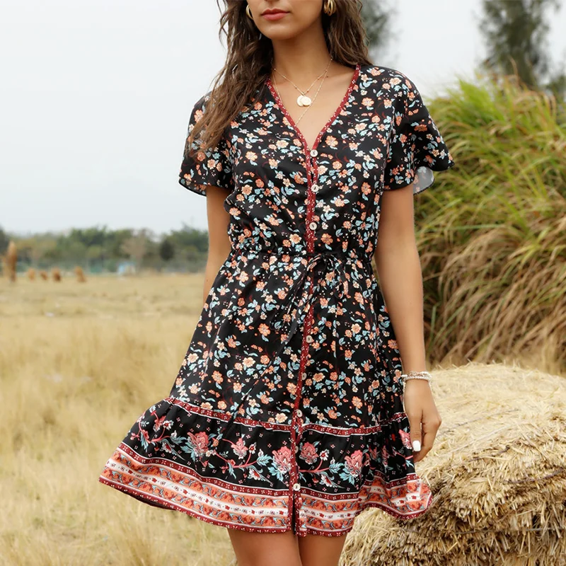 

Boho Summer Dress Women Beach Style Print Above Knee Mini V Neck Single Brested Short Sleeve Dress New