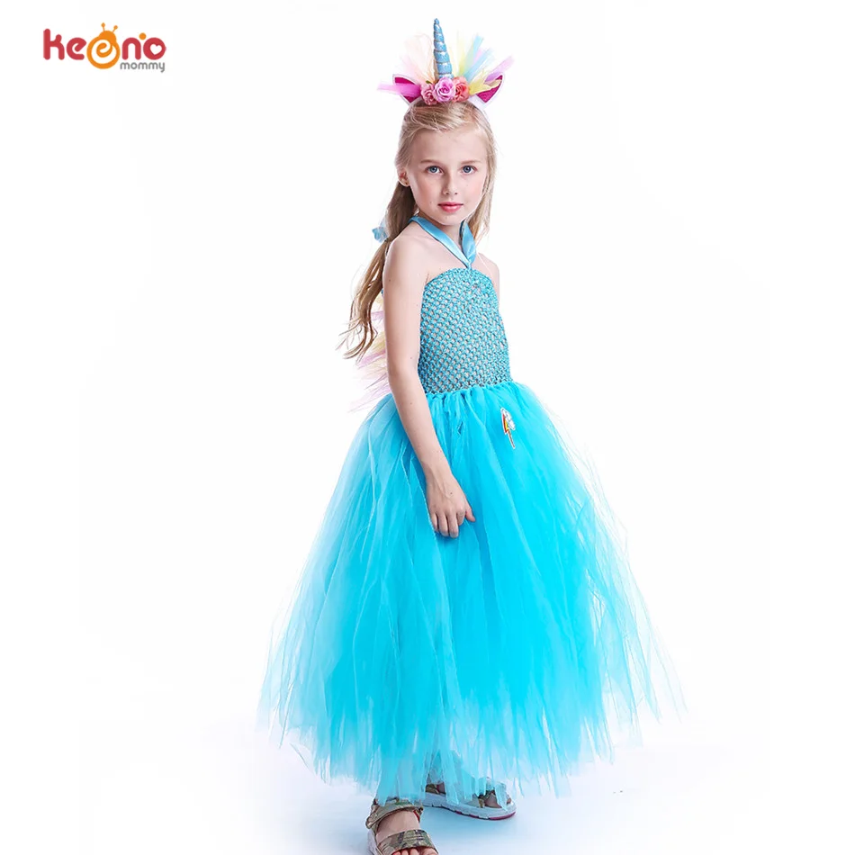Blue Girls Tutu Dress Flower Unicorn Headband Baby Fluffy Tulle Robe Kids Girl Performance Halloween Costume Vestidos Clothes | Детская