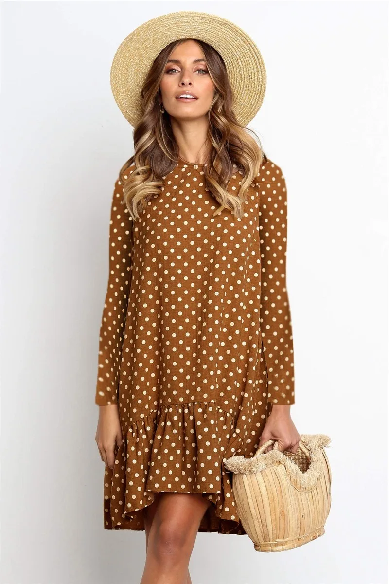 Женское осеннее платье Модное шифоновое в горошек с длинным рукавом и круглым