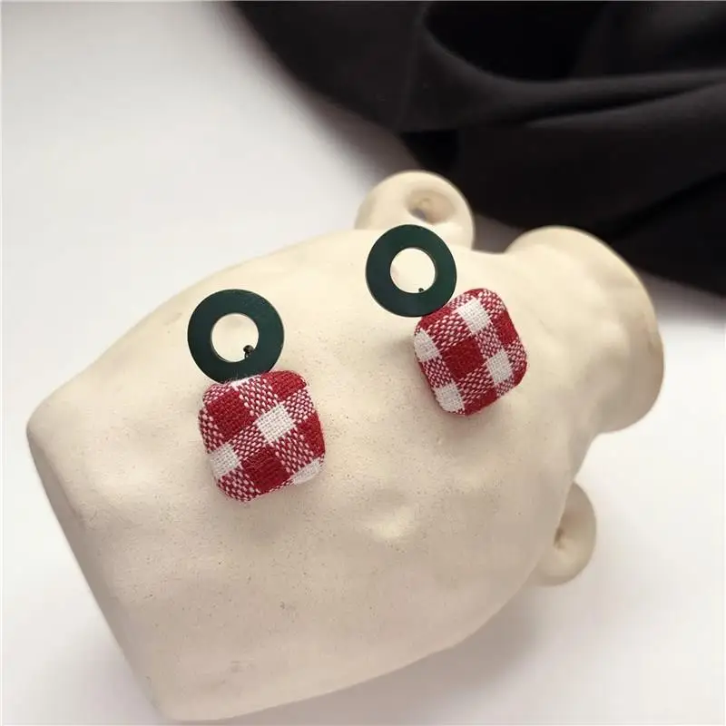 Винтажные красные клетчатые серьги на пуговицах элегантные богемные тканевые