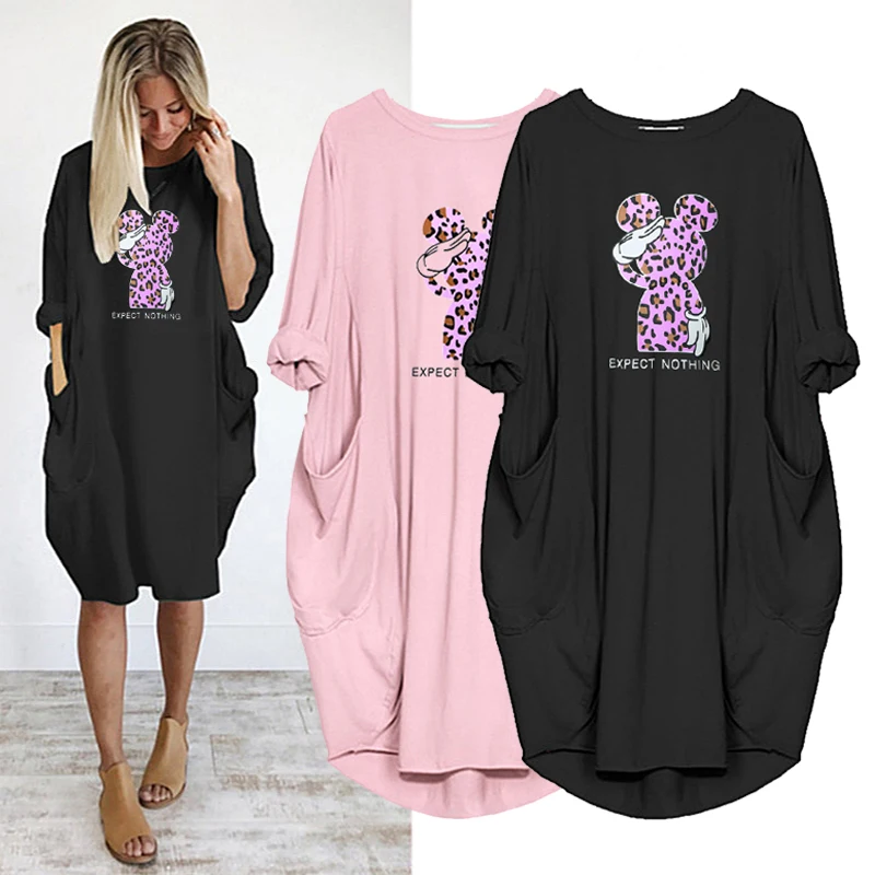 

Dress Disney Mickey Pockets Cartoon Print Dresses Loose Simplicity Robes Femme Vintage Casual Cute Vestidos Kawaii for Women