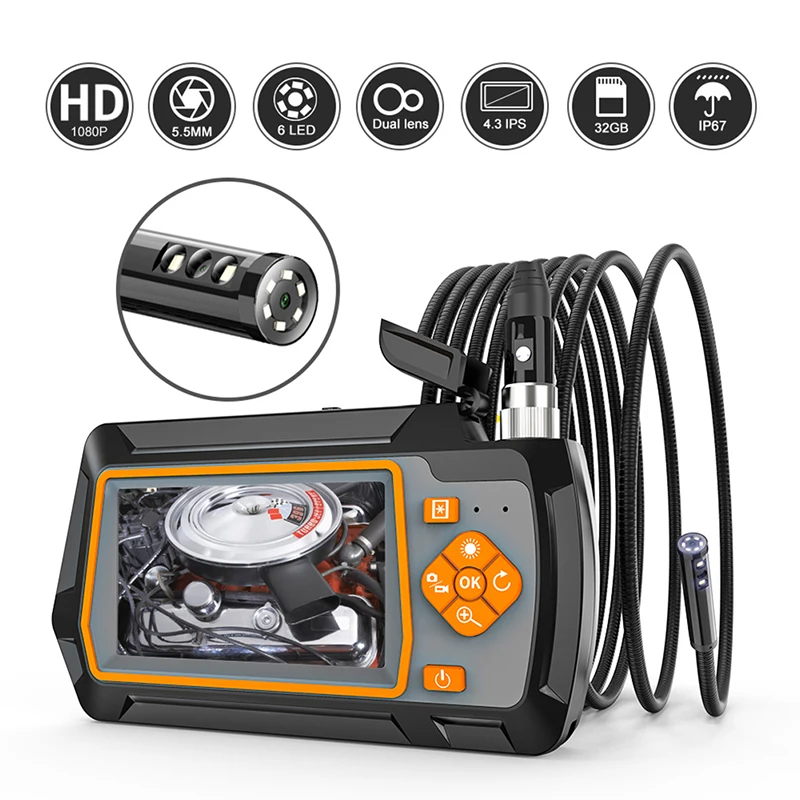 

1080P 5.5mm Dual Lens Endoscope Camera with 4.3 "IPS LCD 2.0MP HD Inspection Camera with 6 LED 32GB TF for Car Sewer Inspection