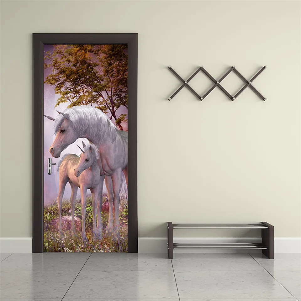 

White Unicorn Animals Door Sticker For Living Room Bedroom Horse Waterproof Vinyl Decor Decal Removable Self-adhesive Wallpaper