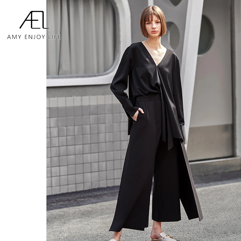 

AEL Women Black Wide leg pants Loose Fit Pants 2020 fashion Female High Waist Slim Women Fashion Tide Casual trousers