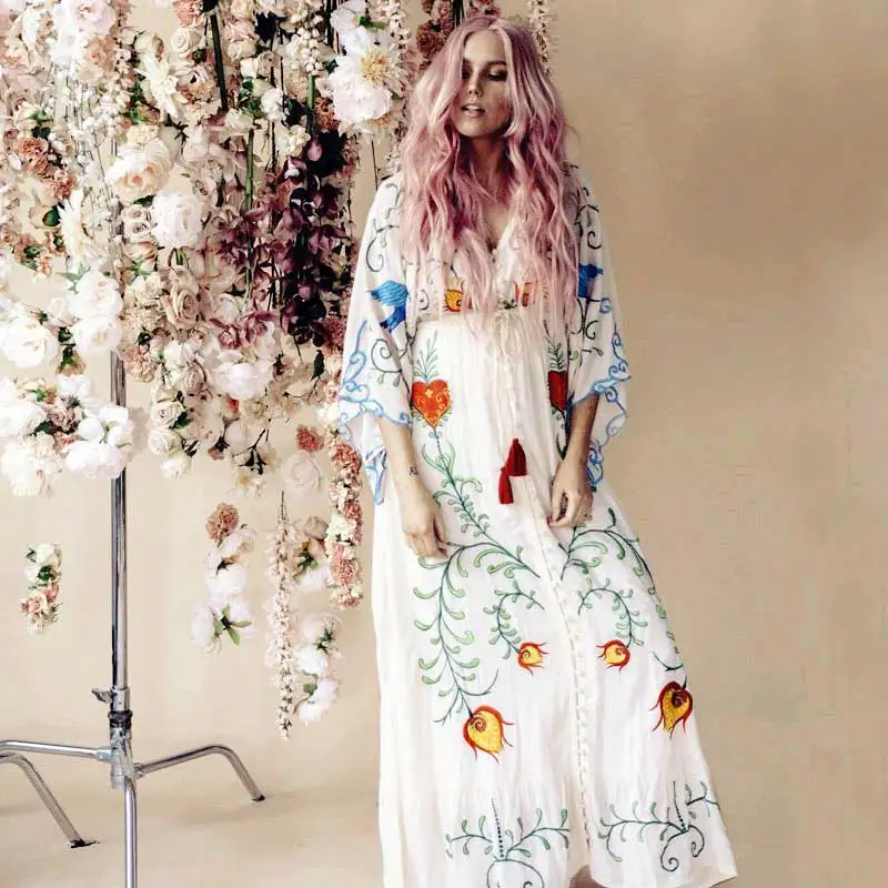 TEELYNN white maxi dress Vintage cotton floral Embroidery dresses sexy deep V-neck beach Elastic waist brand women | Женская одежда