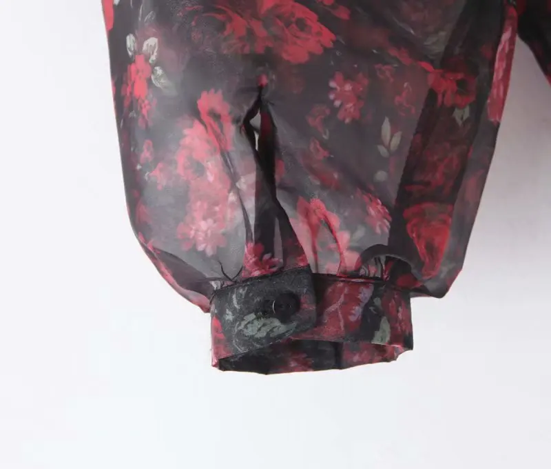 Vintage Stylish Floral Print Organza Blouse Women Fashion Lantern Sleeve See Through Sexy Female Shirts Blusas Chic Tops