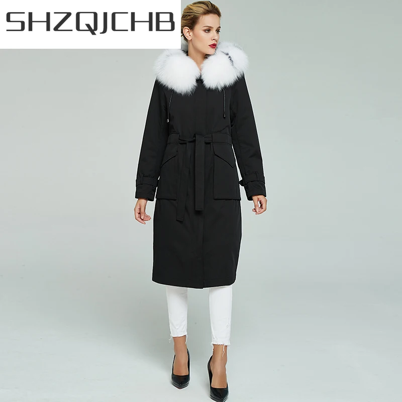 

Женская зимняя парка SHZQ, с капюшоном из натурального Лисьего меха, зимняя одежда 2021