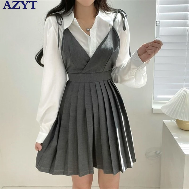 

Элегантное дамское комбинация AZYT, платья для женщин, весна 2022, повседневная женская белая рубашка + плиссированное платье, женские повседне...