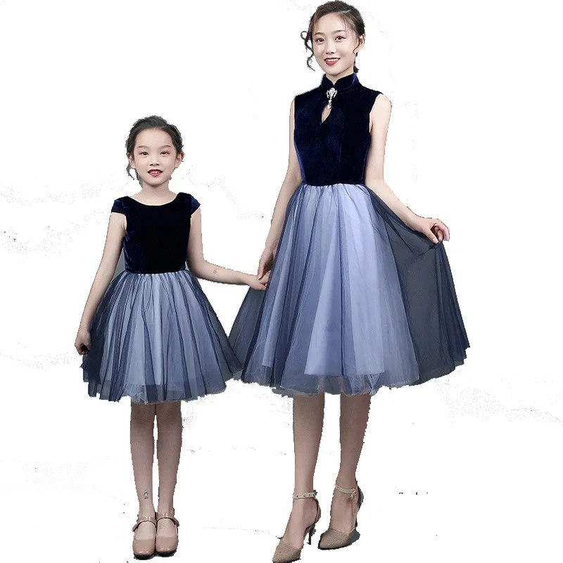 Parent Child Wear DB102 High Collar Formal Party Dresses Patchwork A-Line Vestido De Fiesta Navy Blue Parent-child Prom Gowns | Свадьбы и