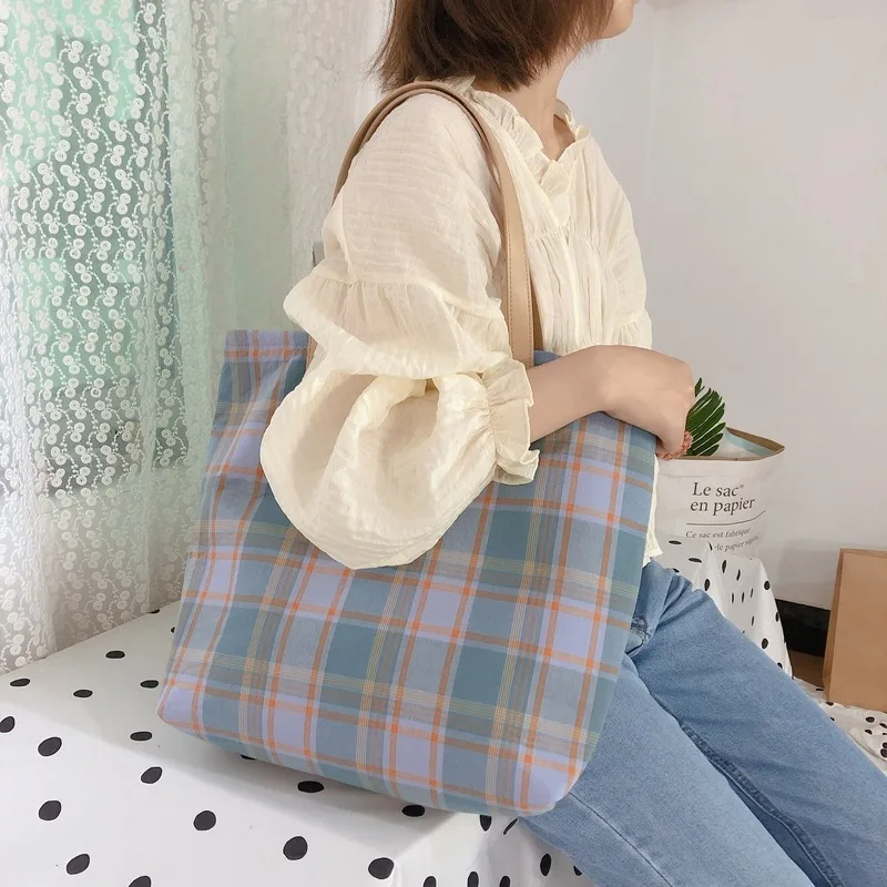 Художественная клетчатая тканевая сумка ручной работы Женская Хлопковая на