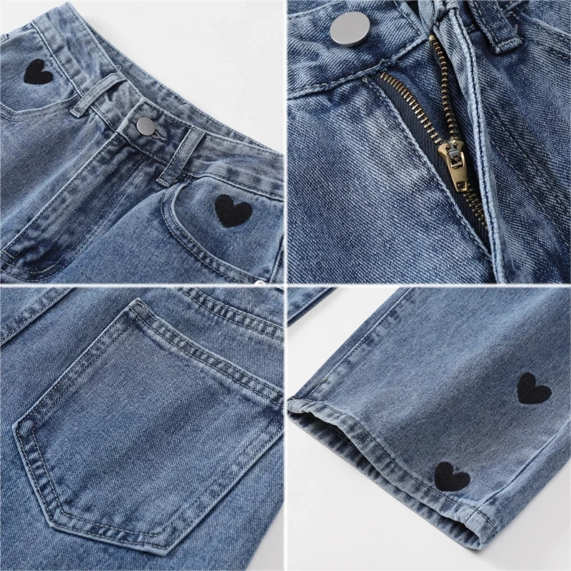 

Jeans Women Love Pattern Cowboy Denim Trousers Loose Girls Full Length High Waist All Match Vintage Straight Leisure Streetwears