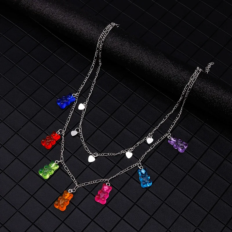 

Gummy Resin Bear Heart Pendants Necklace Colorful for Women Double Layer Collare Choker Silver Color Necklaces Party Jewelry