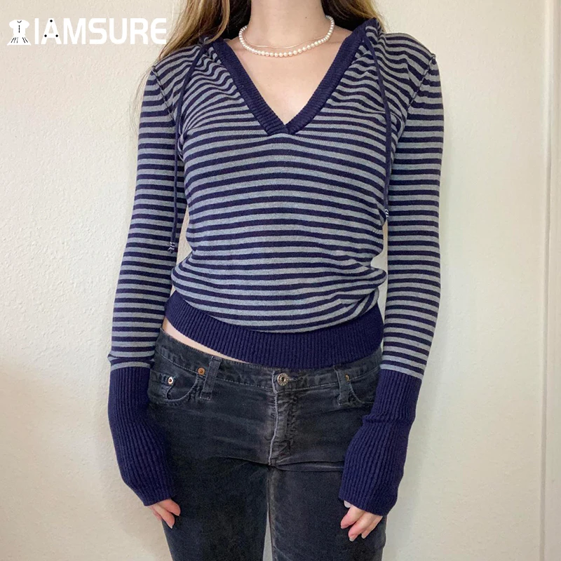

IAMSURE Casual Striped Hooded T Shirt Women 2021 Autumn Spring Preppy Style Loose V-Neck Long Sleeve Tees Basic Streetwear Lady