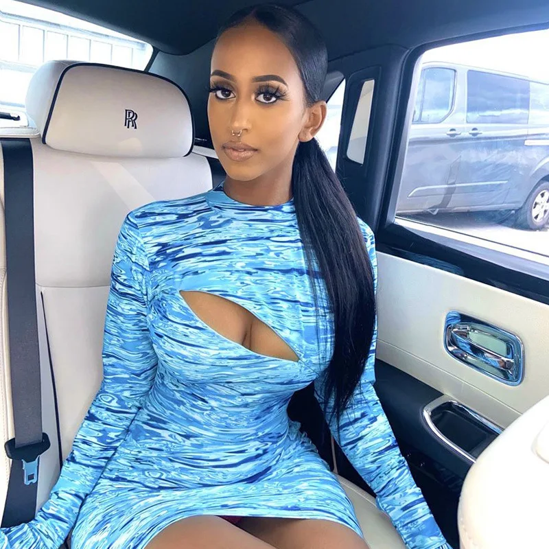 

Autumn and winter's new cross-border European and American printed dress with sexy long-sleeved sexy big size nightclub dress