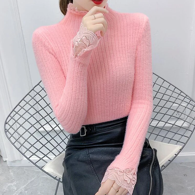 Облегающий свитер из искусственного меха норки женский осенне-зимний вязаный