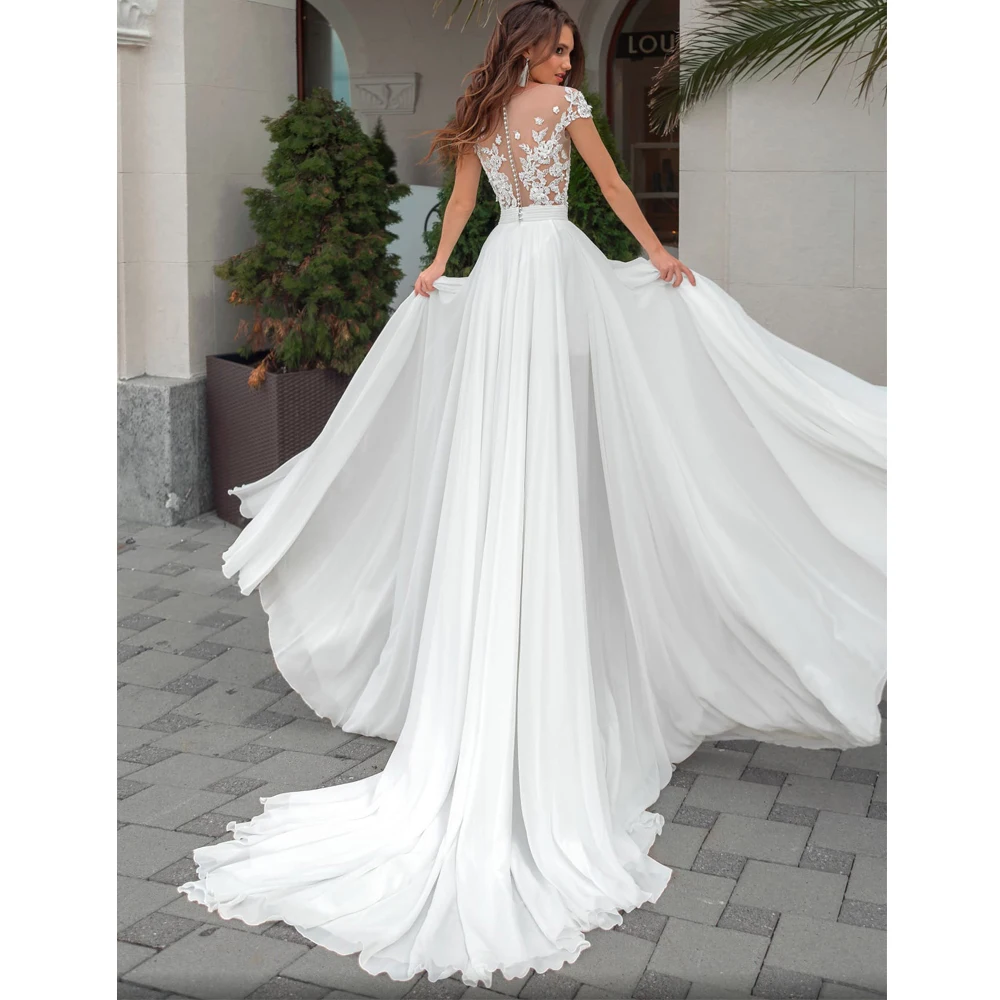 

Vestidos Sexy Wedding Dresses Chiffon Appliques Slide Split Pleat Bateau Short Sleeve Covered Button A-Line Bridal Gowns Novia