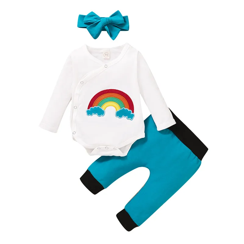 

Комплекты одежды для маленьких девочек боди с радугой, штаны и повязка на голову, повседневная хлопковая одежда на весну-осень для новорожд...