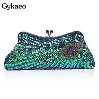 gykaeo peacock green beaded dinner evening clutch bag ladies fashion sequins shoulder bags for women chains frame crossbody bag