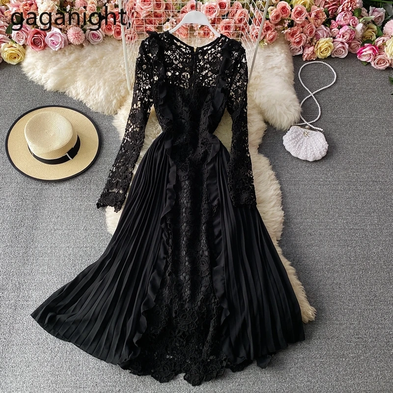 

Gaganight Sweet Women Lace Hollow Out Party Maxi Dress Long Sleeve Bodycon Vestidos New 2021 Spring Solid Dresses A Line Chiffon