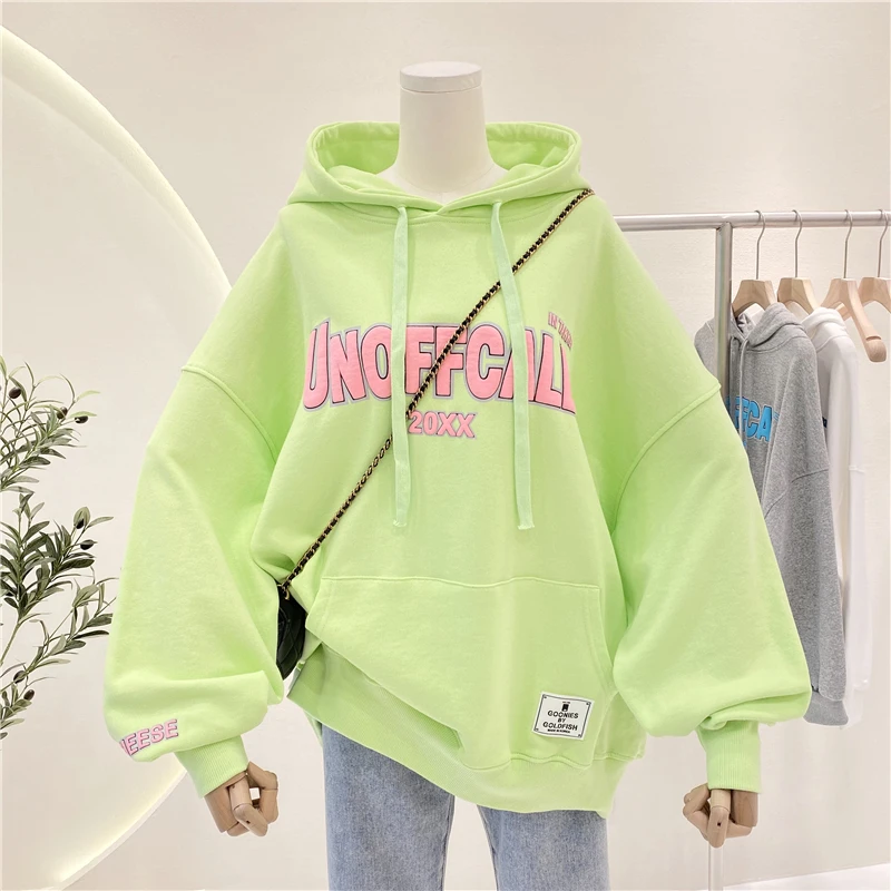 

Women Hooded Hoodies Korea-style 2021 New Spring Autumn Three-dimensional Letters Loose Terry Cotton Students Sweatshirt Top
