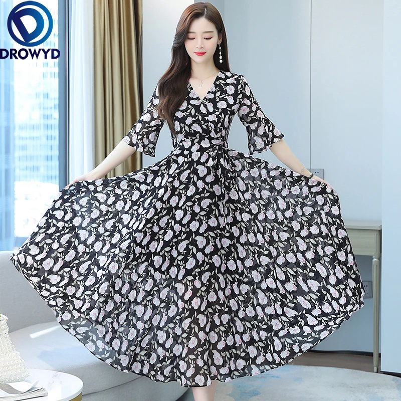 

Plus Size 2021 Summer Women Dress Fashion Loose Chiffon Print Beach Dress Casual Short Sleeve Elegant Sexy Party Lady Dresses