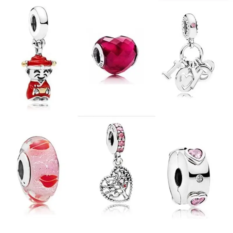 LIDU 100% Серебро 925 фианиты Высокое качество DIY браслет красное сердце бусины