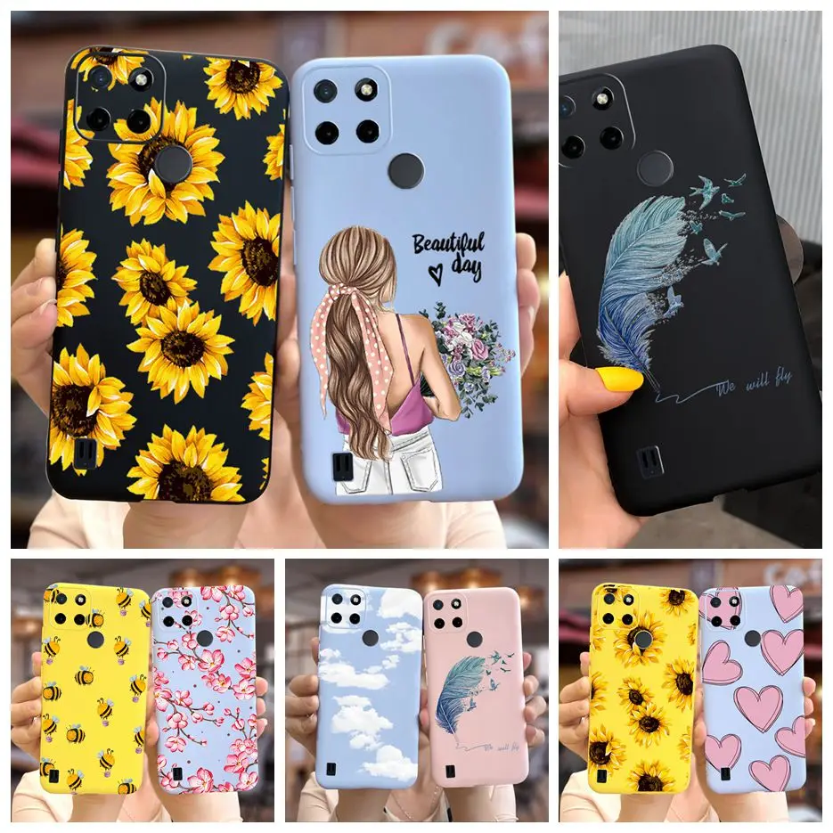 Для Realme C21Y чехол RMX3261 Симпатичные подсолнухи перо Мягкая силиконовая задняя крышка телефона для Realme C21Y C 21 Y чехол s RealmeC21Y сумки
