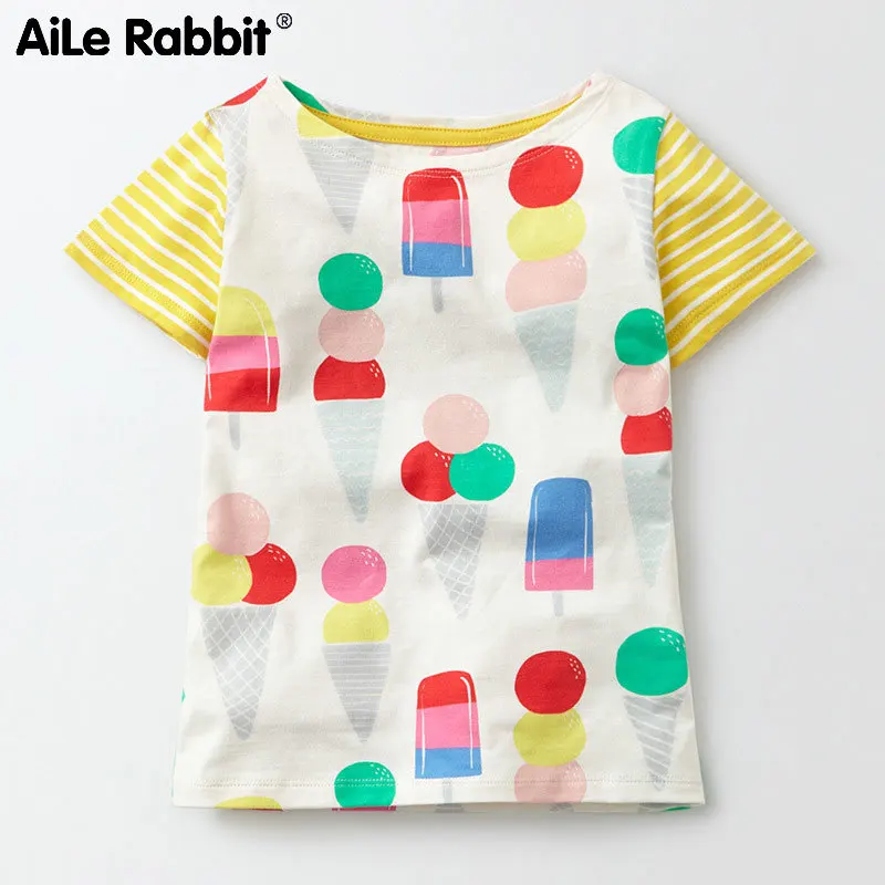 AiLe Rabbit/Летняя одежда, новая детская футболка с короткими рукавами и оригинальным воротником эластичная трикотажная одежда с принтом для девочек